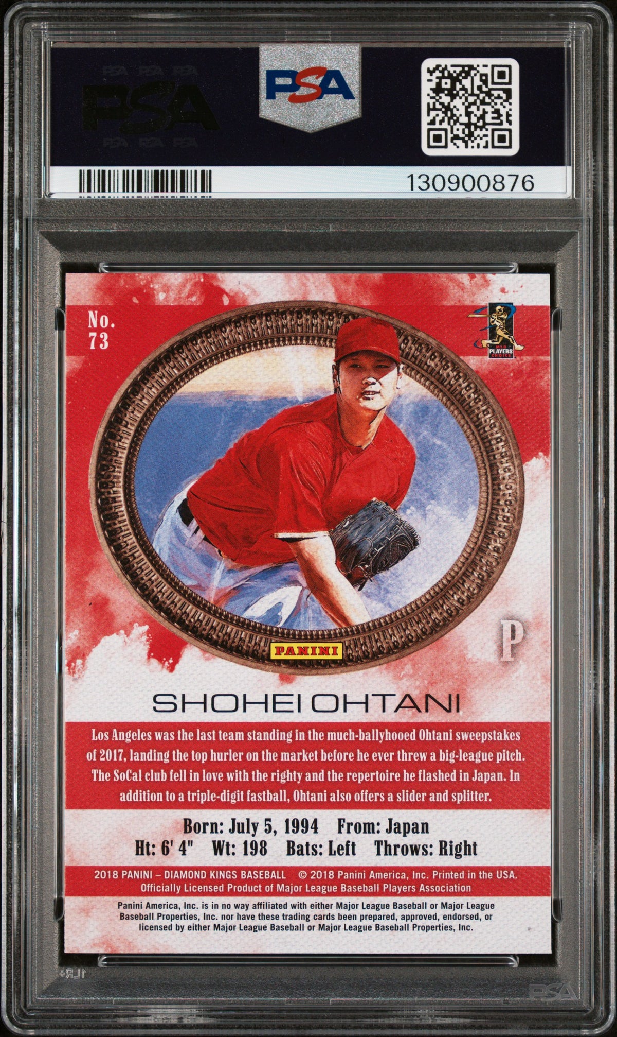 2018 PANINI DIAMOND KINGS SHOHEI OHTANI PITCHING/NO PINSTRIPE #73 PSA 10 - Back