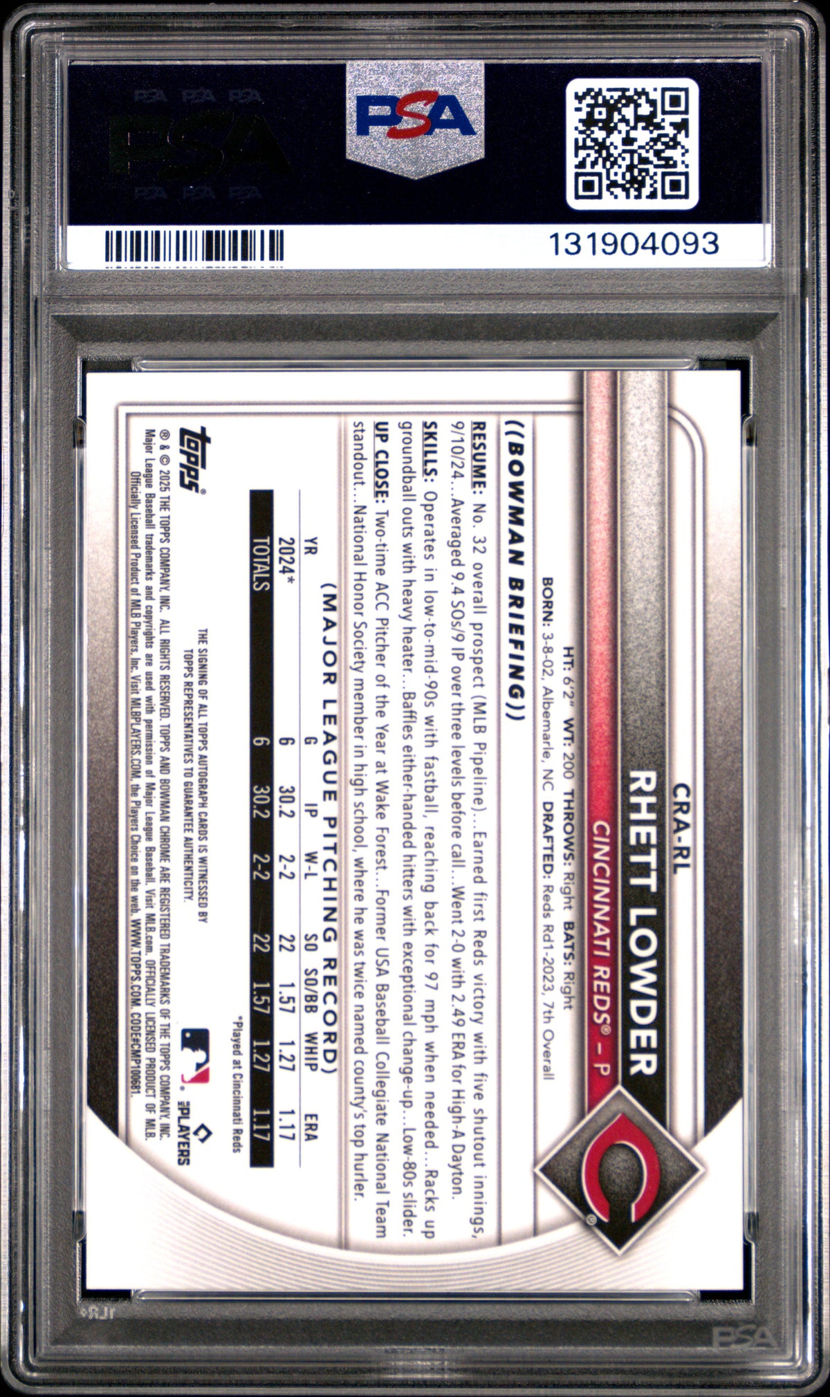 2025 BOWMAN CHROME ROOKIE AUTOGRAPHS RHETT LOWDER CHROME ROOKIE AU-BLUE REF #CRARL PSA 10 - Back