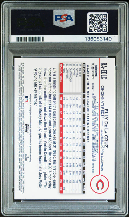 2024 TOPPS CHROME UPDATE CHROME ROOKIE AUTOGRAPHS ELLY DE LA CRUZ RK AU-BLK/RD LAVA LAMP #RAEDLC PSA 9/GEM MT 10 - Back