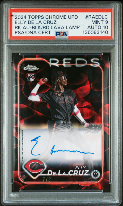 2024 TOPPS CHROME UPDATE CHROME ROOKIE AUTOGRAPHS ELLY DE LA CRUZ RK AU-BLK/RD LAVA LAMP #RAEDLC PSA 9/GEM MT 10 - Front