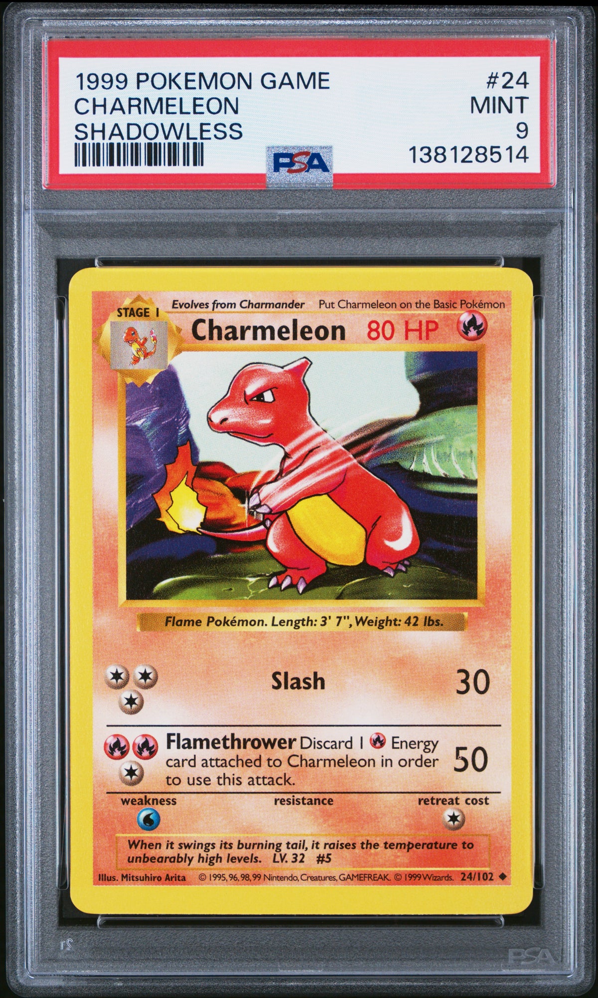 1999 POKEMON GAME CHARMELEON SHADOWLESS #24 PSA 9 - Front