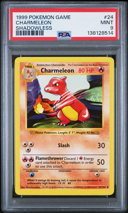 1999 POKEMON GAME CHARMELEON SHADOWLESS #24 PSA 9 - Front