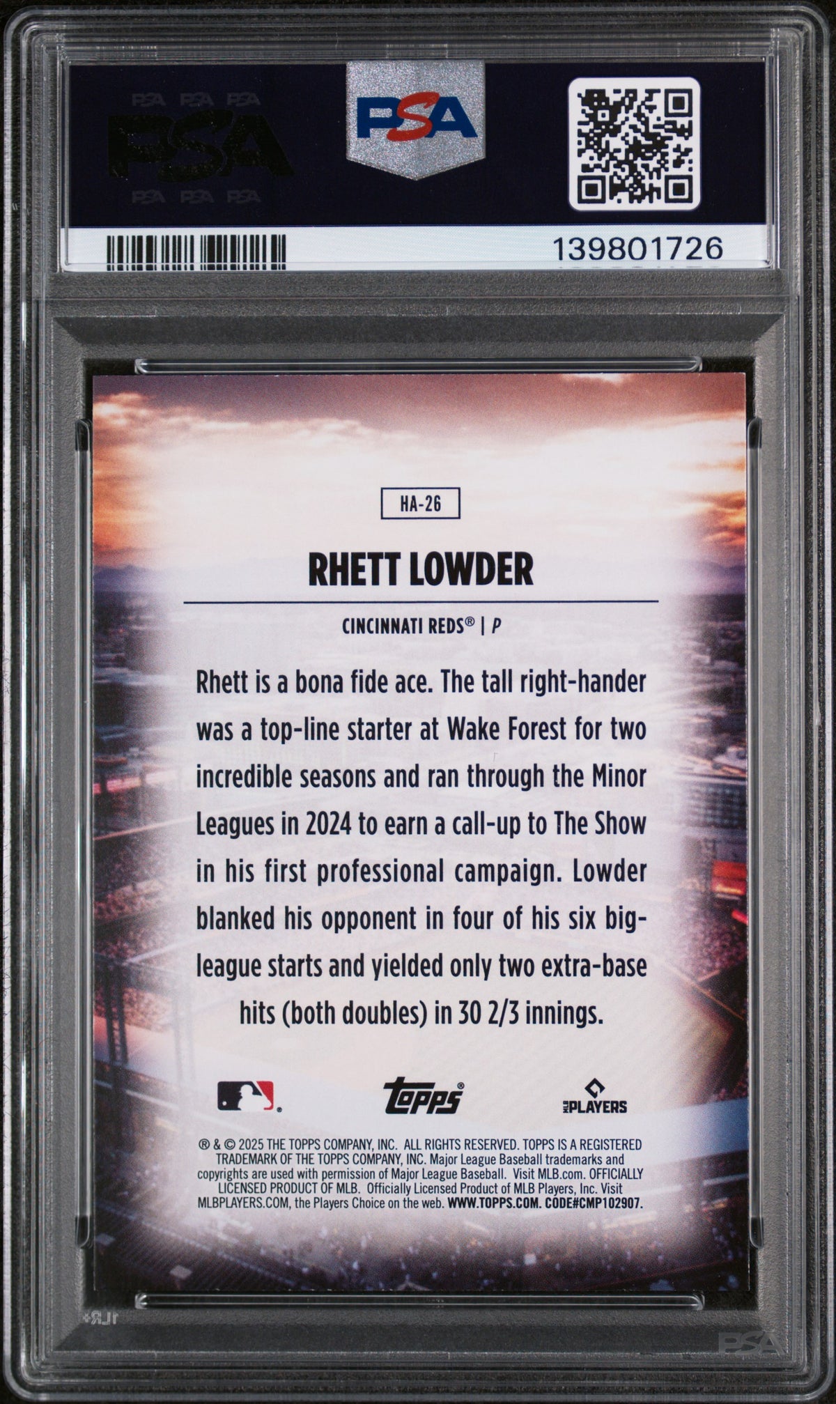 2025 TOPPS HOME FIELD ADVANTAGE RHETT LOWDER SERIES 2 #HA26 PSA 10 - Back
