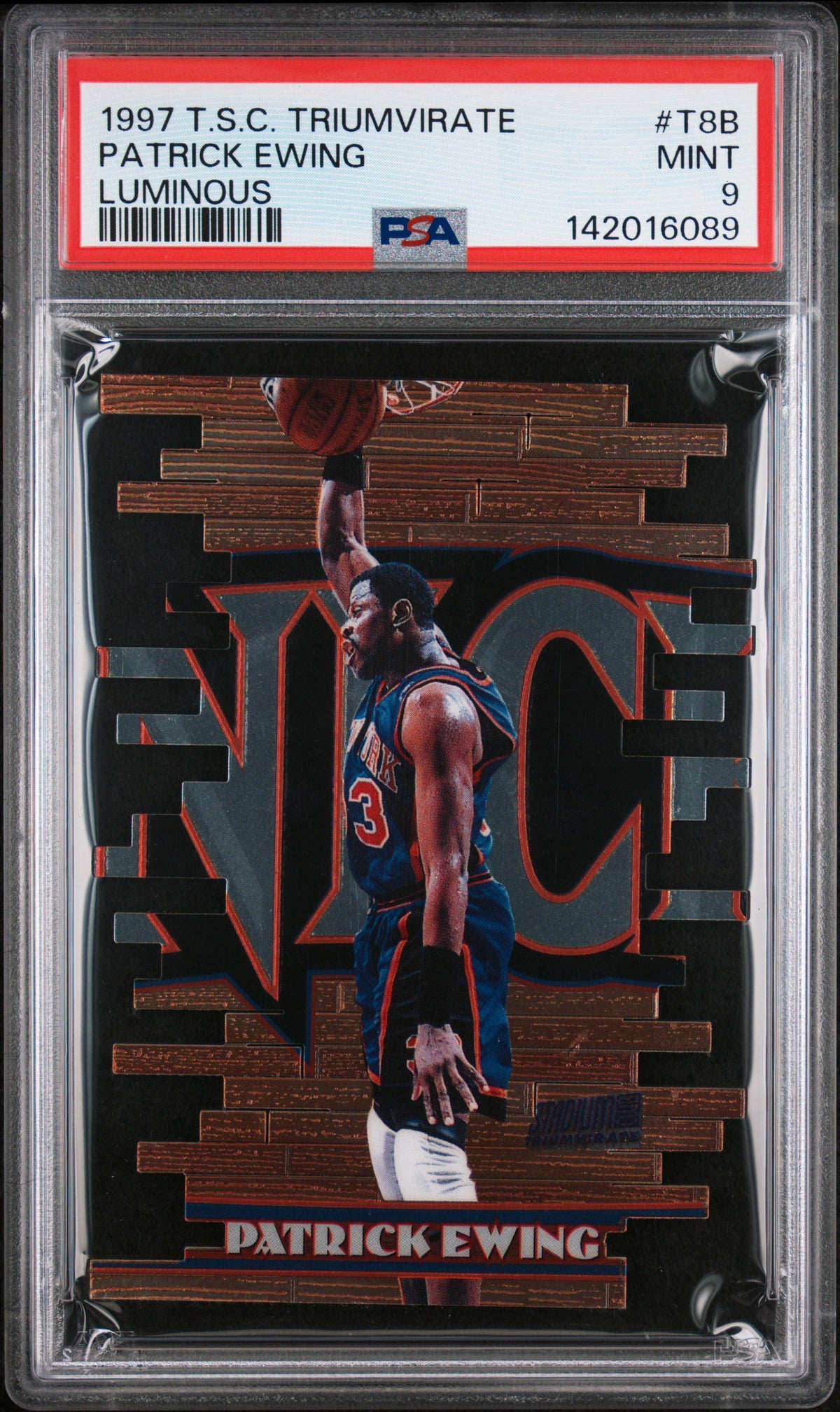 1997 STADIUM CLUB TRIUMVIRATE PATRICK EWING LUMINOUS #T8B PSA 9 - Front