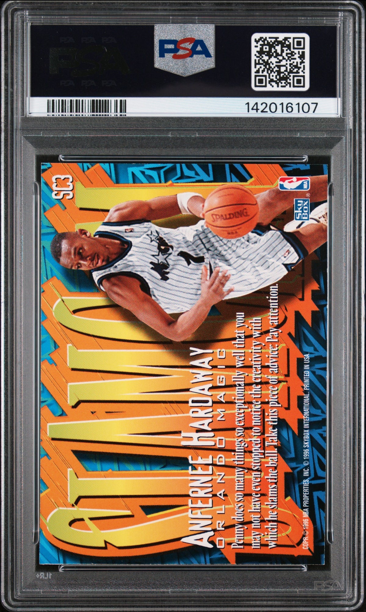 1996 SKYBOX Z-FORCE SLAM CAM ANFERNEE HARDAWAY SLAM CAM #SC3 PSA 9 - Back