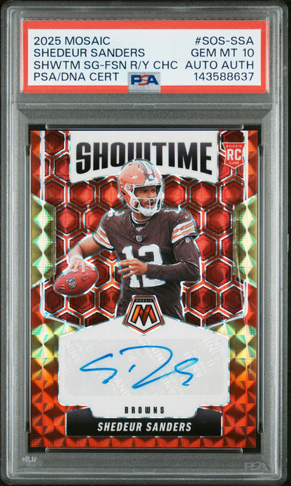 2025 PANINI MOSAIC SHOWTIME SIGNATURES SHEDEUR SANDERS SHWTM SG-FSN R/Y CHC #SOS-SSA PSA 10/AUTH - Front