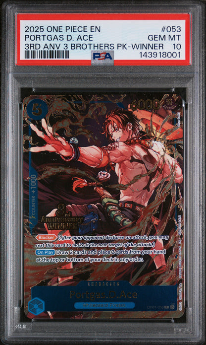 2025 ONE PIECE 3RD ANNIVERSARY TOURNAMENT 3 BROTHERS PACK PORTGAS D. ACE 3RD ANV 3 BROTHERS PK-WINNER #053 PSA 10 - Front