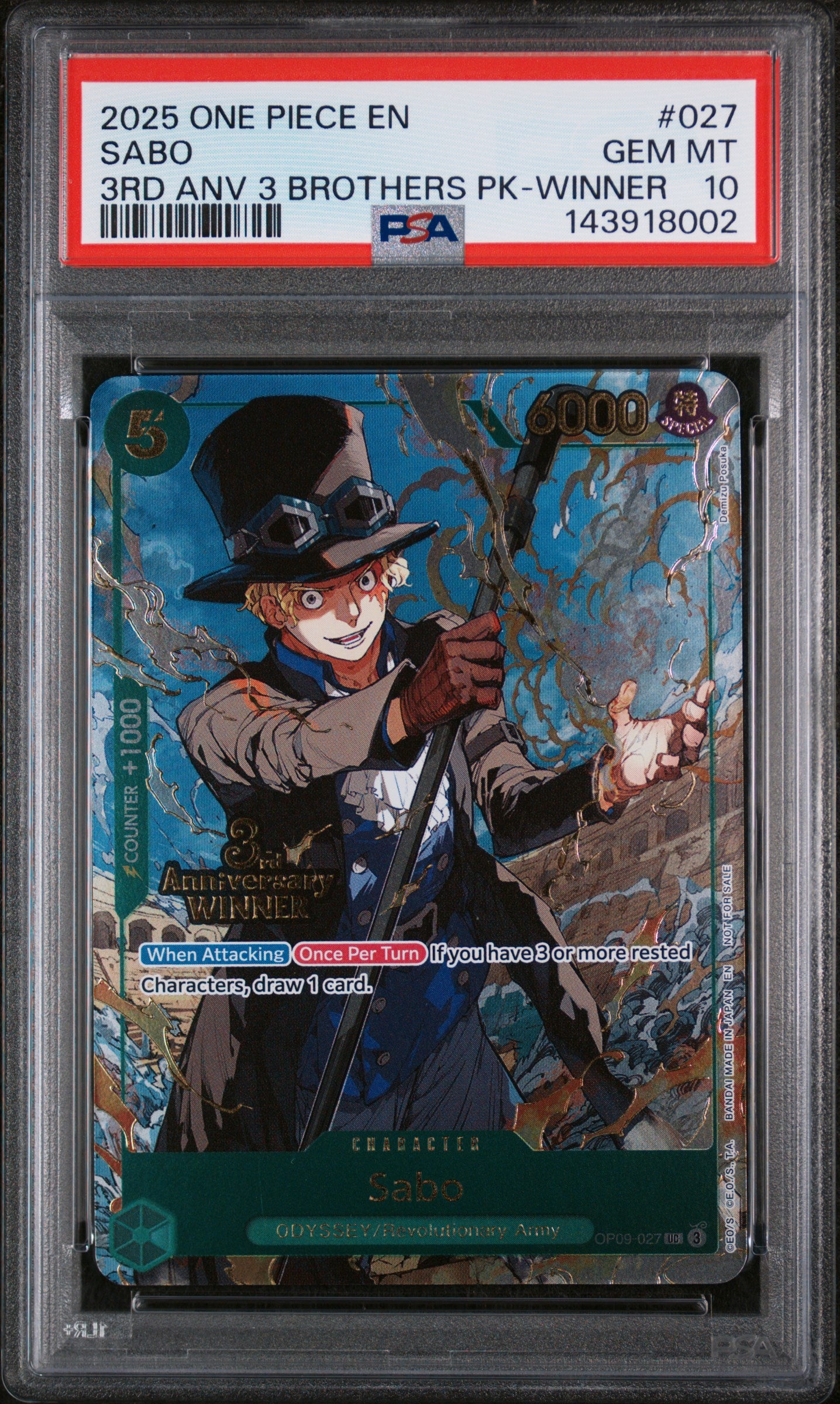 2025 ONE PIECE 3RD ANNIVERSARY TOURNAMENT 3 BROTHERS PACK SABO 3RD ANV 3 BROTHERS PK-WINNER #027 PSA 10 - Front