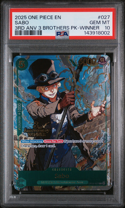 2025 ONE PIECE 3RD ANNIVERSARY TOURNAMENT 3 BROTHERS PACK SABO 3RD ANV 3 BROTHERS PK-WINNER #027 PSA 10 - Front