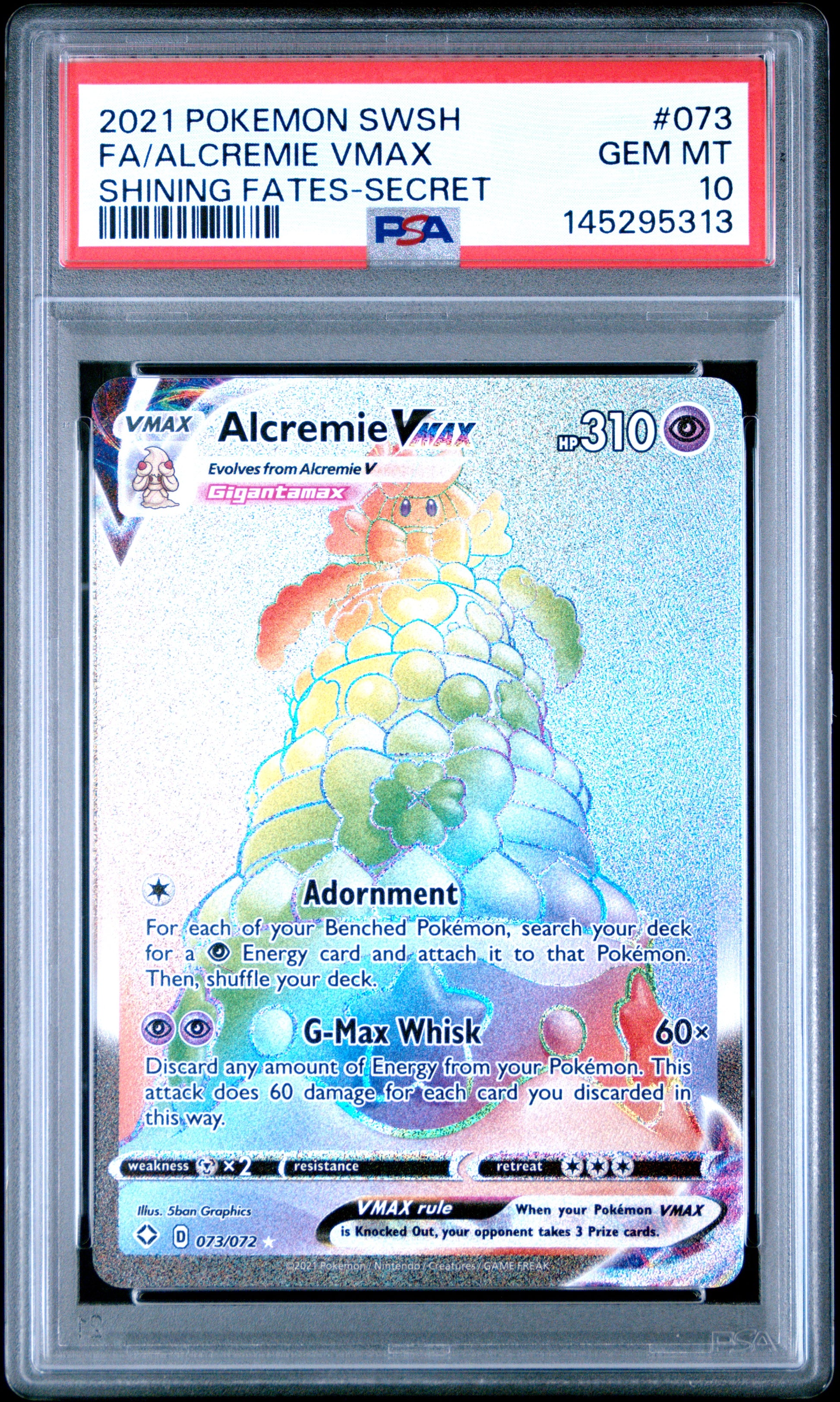 2021 POKEMON SWORD & SHIELD SHINING FATES FA/ALCREMIE VMAX SHINING FATES-SECRET #073 PSA 10 - Front