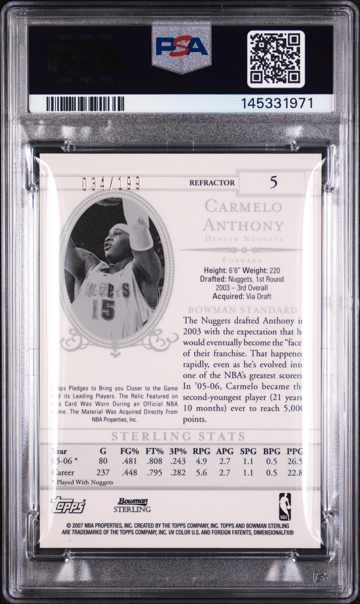 2006 BOWMAN STERLING CARMELO ANTHONY JERSEY-REFRACTOR #5 PSA 10 - Back