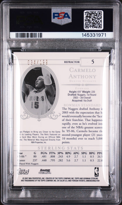 2006 BOWMAN STERLING CARMELO ANTHONY JERSEY-REFRACTOR #5 PSA 10 - Back