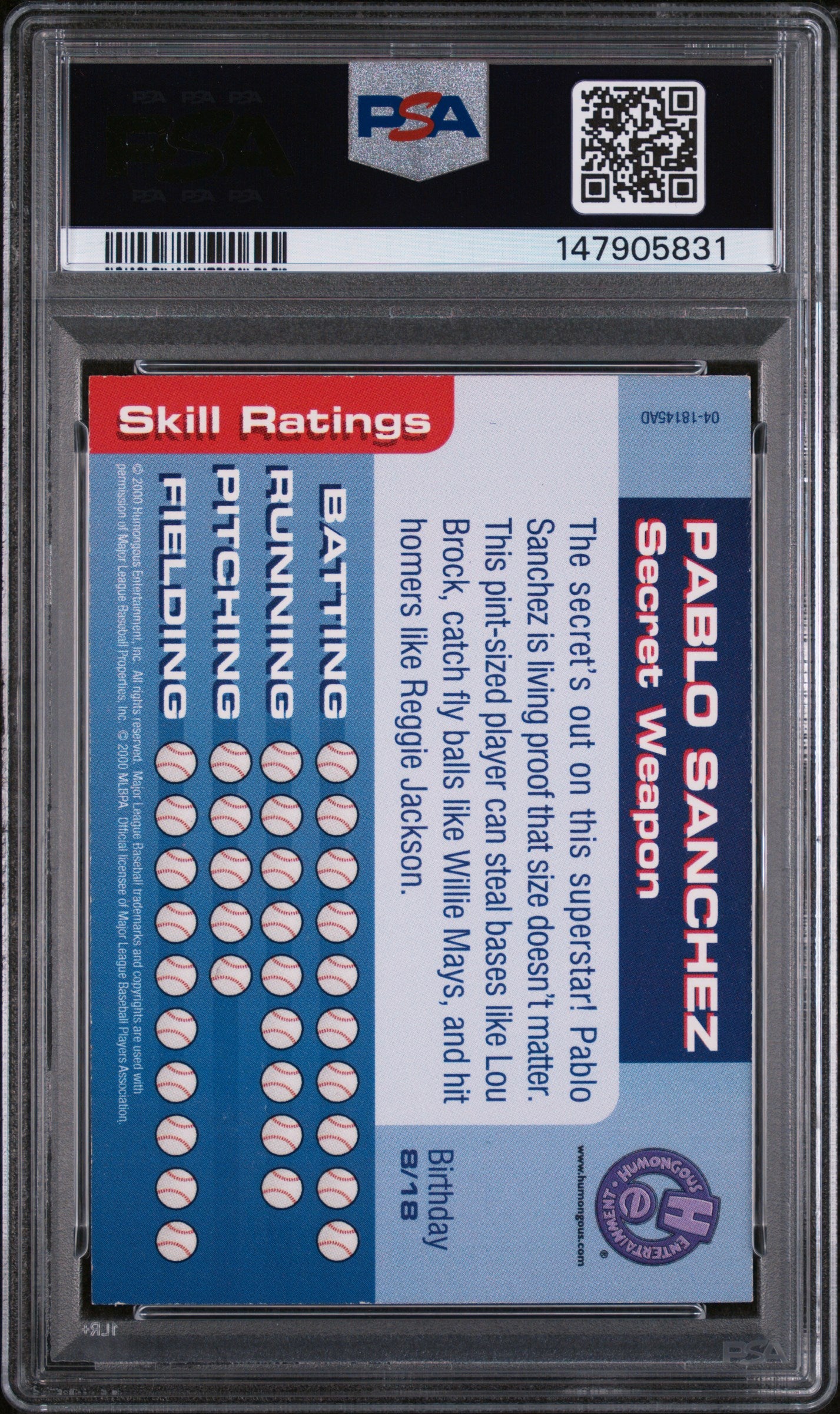2000 PACIFIC BACKYARD BASEBALL PABLO SANCHEZ BACKYARD BASEBALL PSA 6 - Back