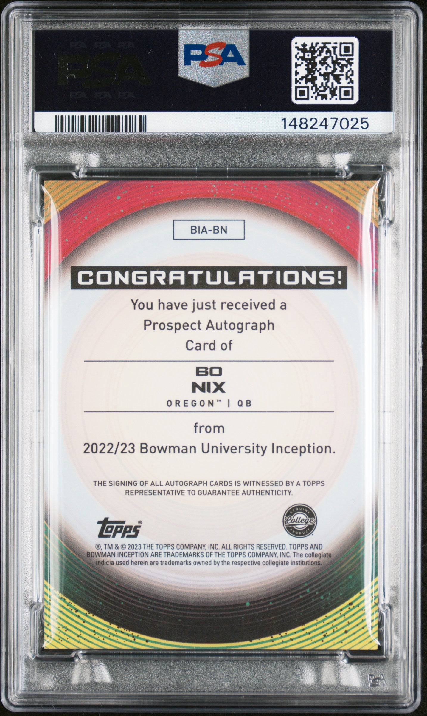 2022 BOWMAN UNIVERSITY INCEPTION AUTOGRAPHS BO NIX AUTOGRAPH-GOLD V2 FOIL #BN PSA 10/GEM MT 10 - Back