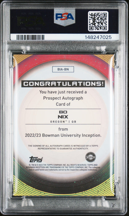 2022 BOWMAN UNIVERSITY INCEPTION AUTOGRAPHS BO NIX AUTOGRAPH-GOLD V2 FOIL #BN PSA 10/GEM MT 10 - Back