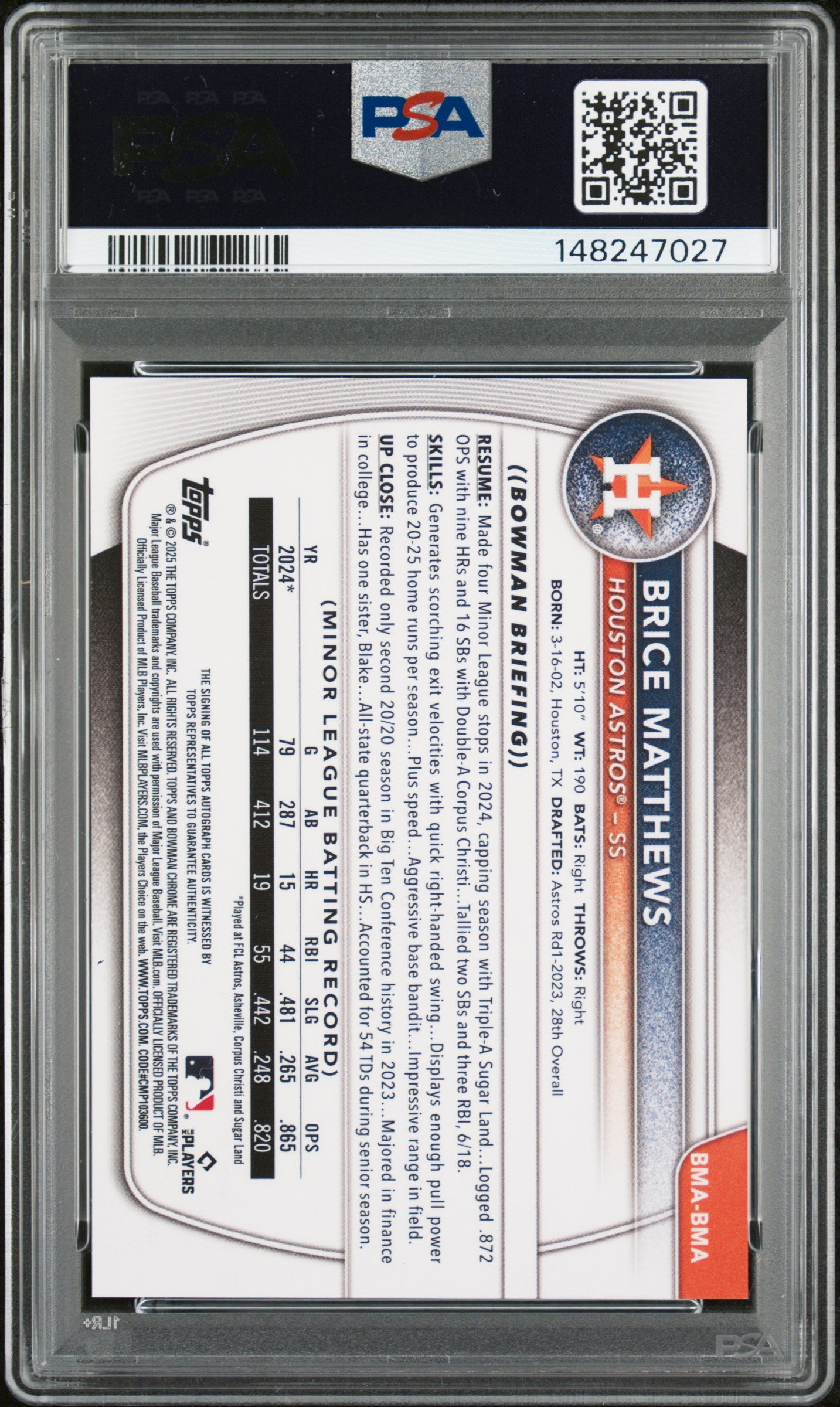 2025 BOWMAN MEGA BOX BOWMAN PROSPECT MEGA AUTOGRAPHS BRICE MATTHEWS BWM PRS MGA AU-BLK REF #BMA PSA 10/GEM MT 10 - Back