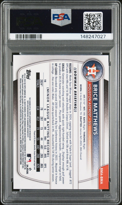2025 BOWMAN MEGA BOX BOWMAN PROSPECT MEGA AUTOGRAPHS BRICE MATTHEWS BWM PRS MGA AU-BLK REF #BMA PSA 10/GEM MT 10 - Back