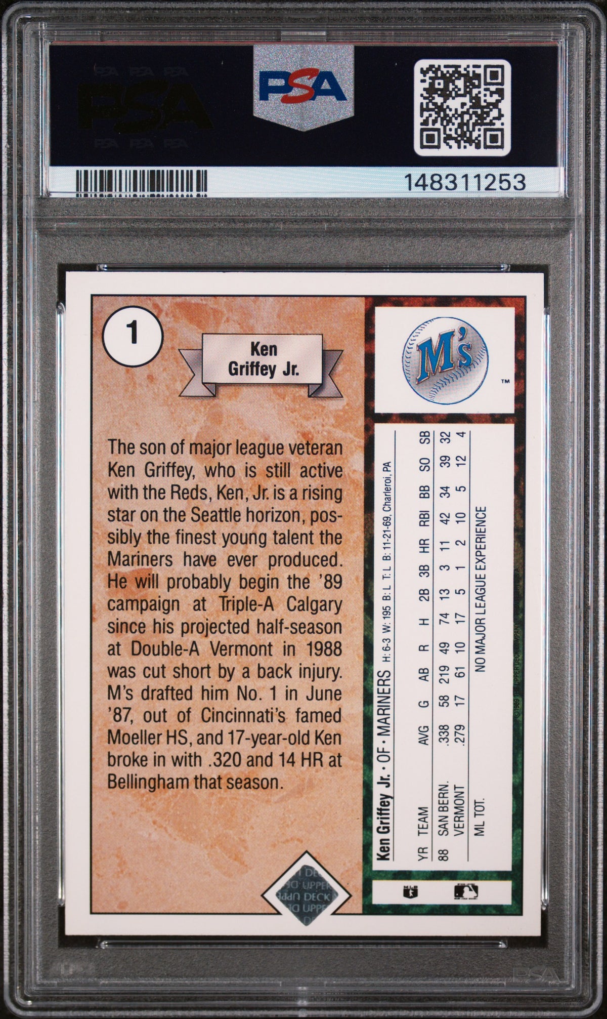 1989 UPPER DECK KEN GRIFFEY JR. STAR ROOKIE #1 PSA 5 - Back