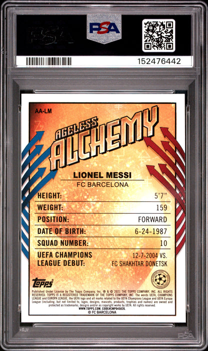 2020 TOPPS MERLIN CHROME UEFA CHAMPIONS LEAGUE AGELESS ALCHEMY LIONEL MESSI AGELESS ALCHEMY #LM PSA 9 - Back