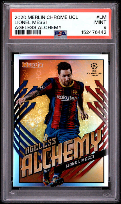 2020 TOPPS MERLIN CHROME UEFA CHAMPIONS LEAGUE AGELESS ALCHEMY LIONEL MESSI AGELESS ALCHEMY #LM PSA 9 - Front