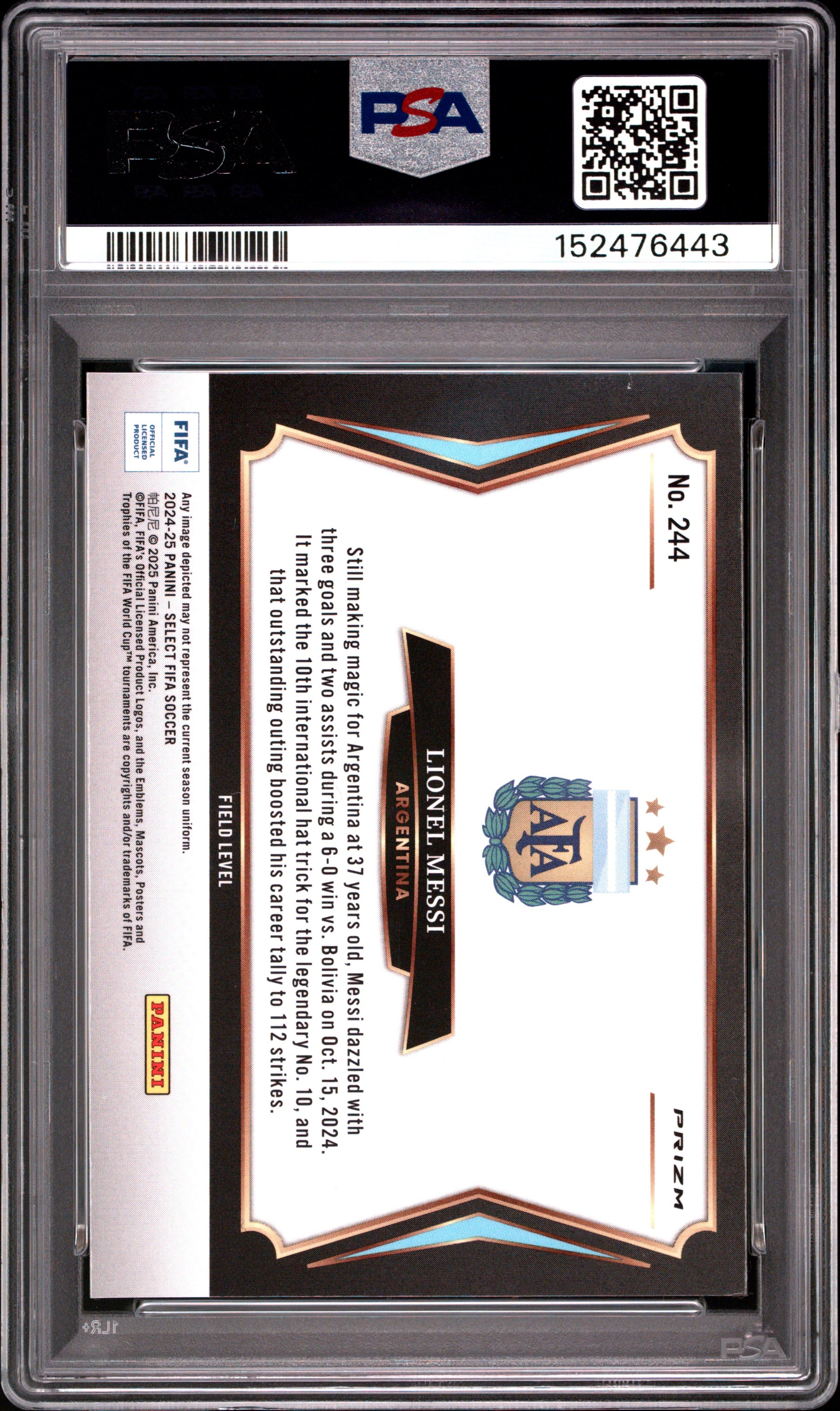 2024-25 PANINI SELECT FIFA LIONEL MESSI ICE #244 PSA 10 - Back