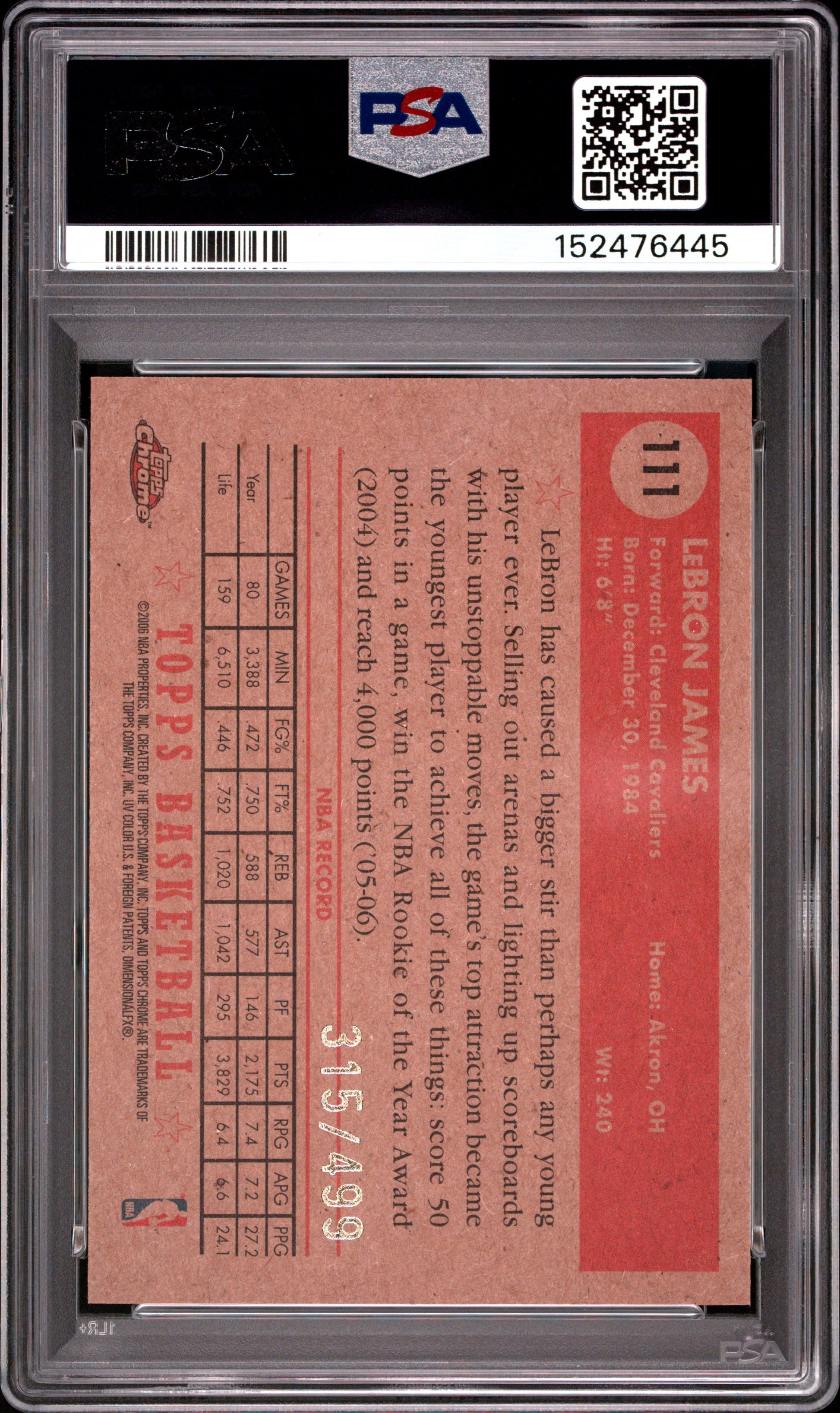 2005 TOPPS 1952 STYLE LeBRON JAMES CHROME #111 PSA 9 - Back