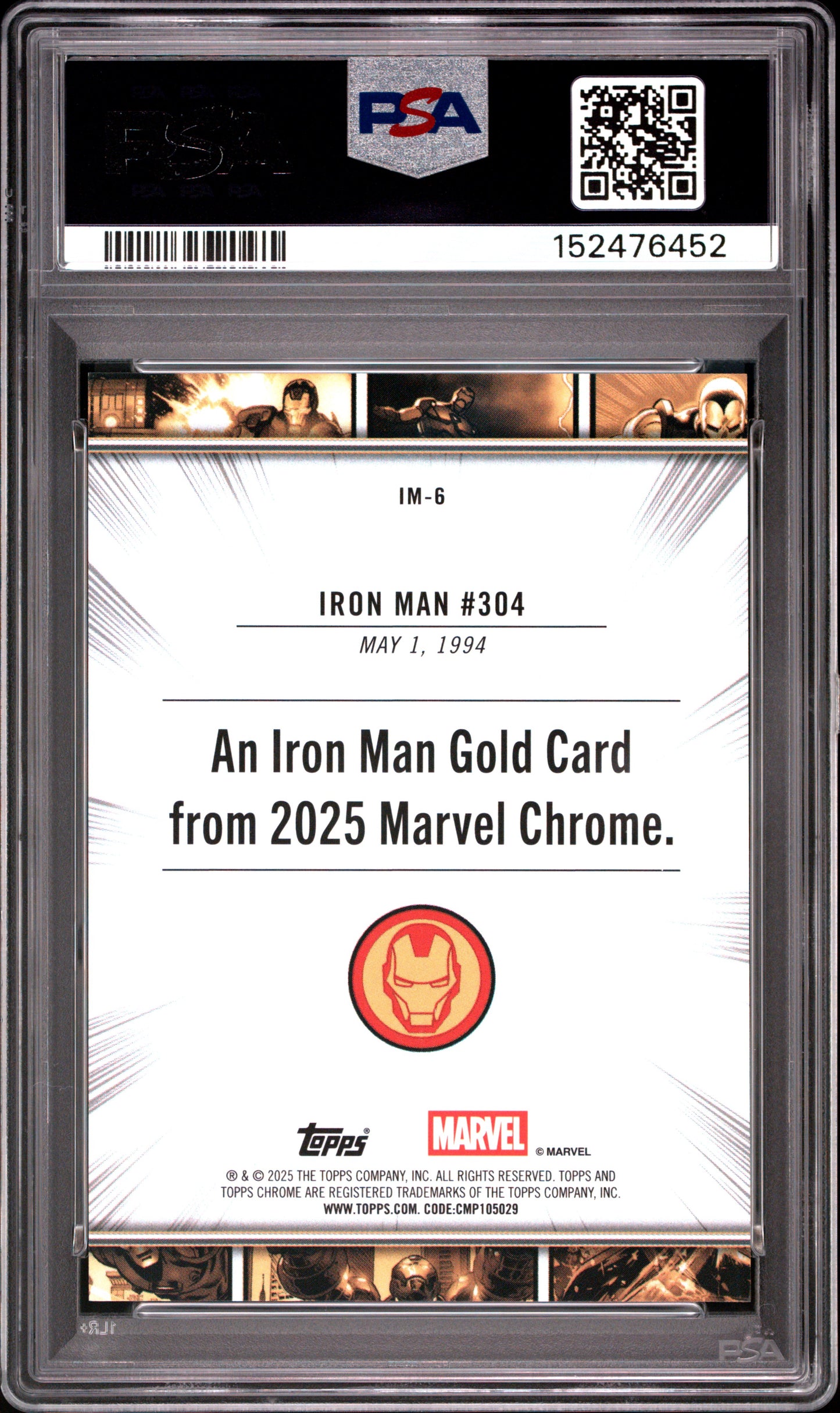 2025 TOPPS CHROME MARVEL IRON MAN GOLD IRON MAN #IM6 PSA 10 - Back