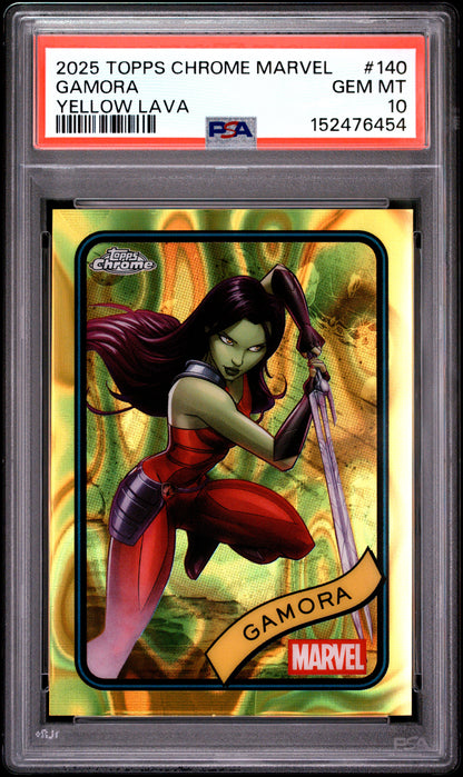 2025 TOPPS CHROME MARVEL GAMORA YELLOW LAVA #140 PSA 10 - Front