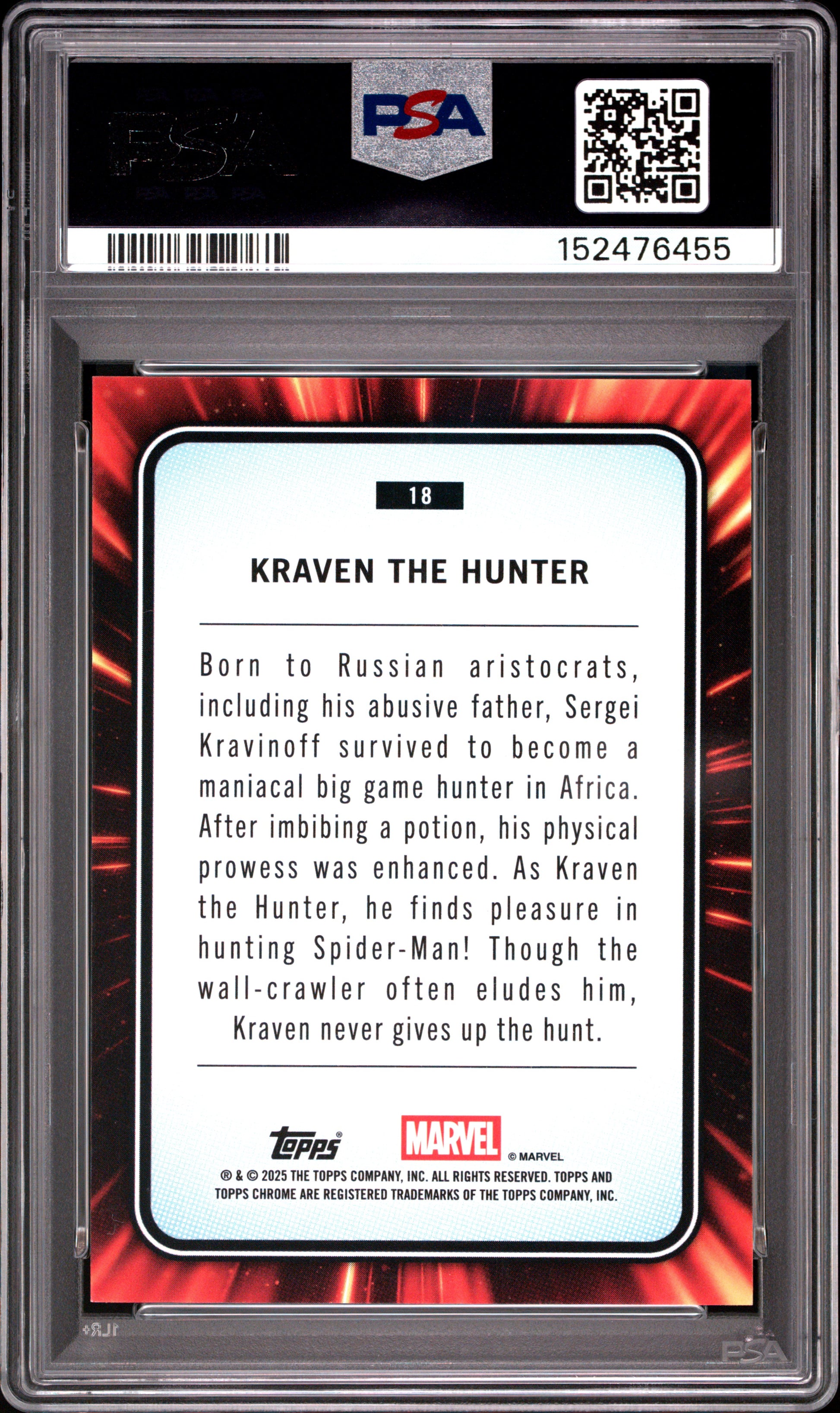2025 TOPPS CHROME MARVEL KRAVEN THE HUNTER YELLOW LAVA #18 PSA 9 - Back
