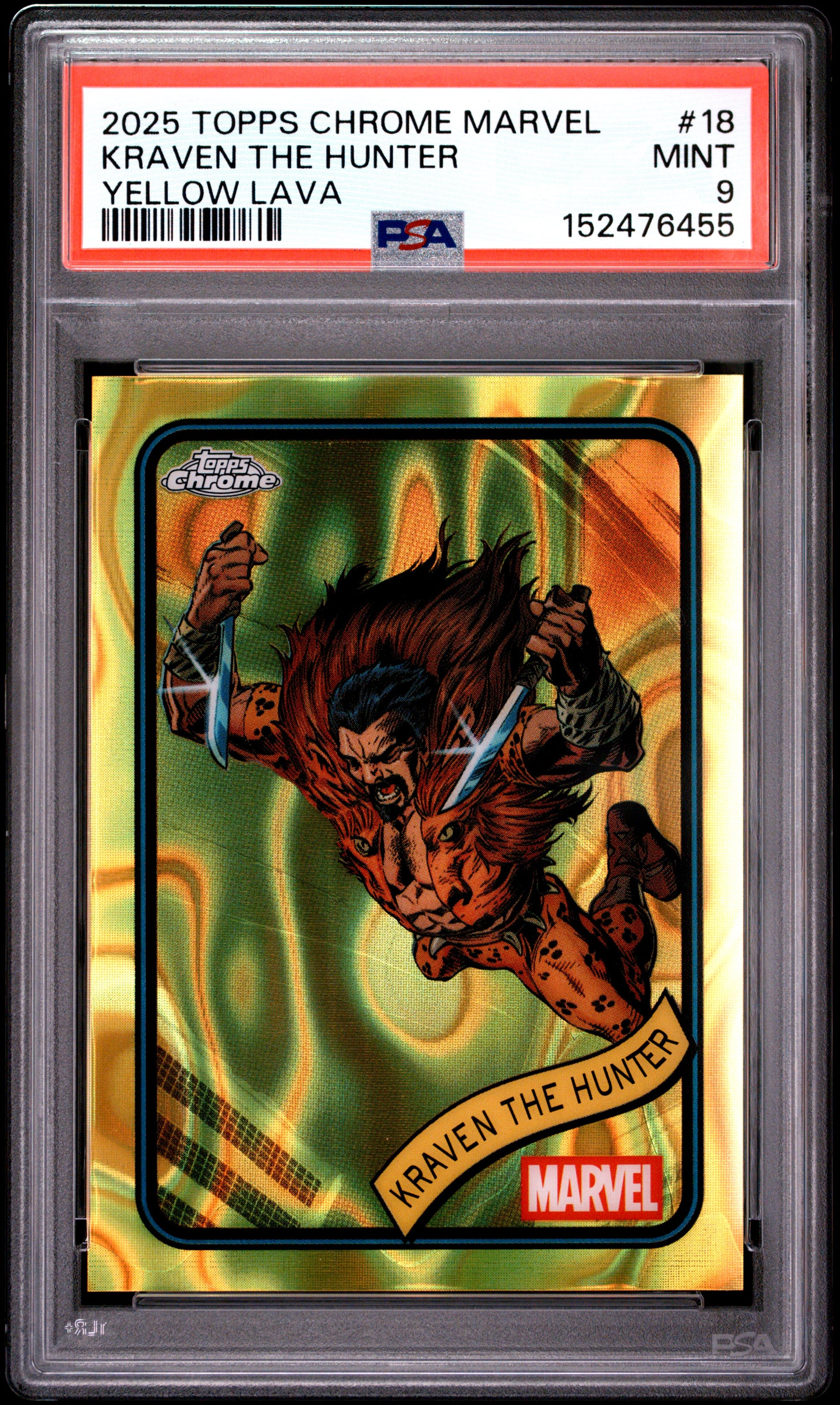 2025 TOPPS CHROME MARVEL KRAVEN THE HUNTER YELLOW LAVA #18 PSA 9 - Front