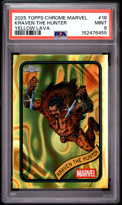 2025 TOPPS CHROME MARVEL KRAVEN THE HUNTER YELLOW LAVA #18 PSA 9 - Front