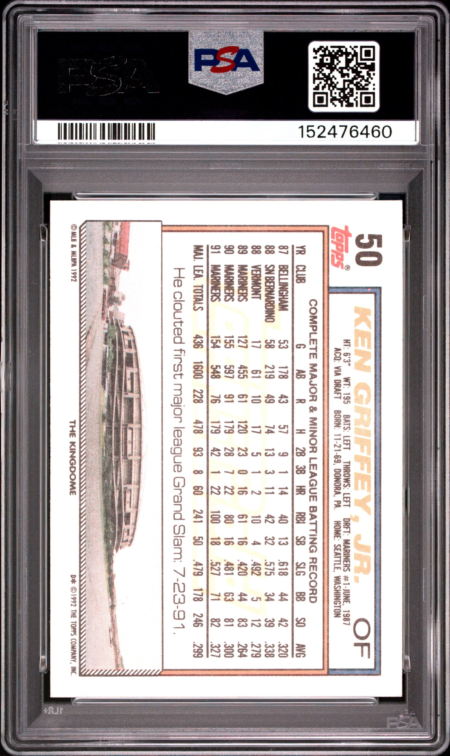 1992 TOPPS GOLD KEN GRIFFEY JR. #50 PSA 9 - Back