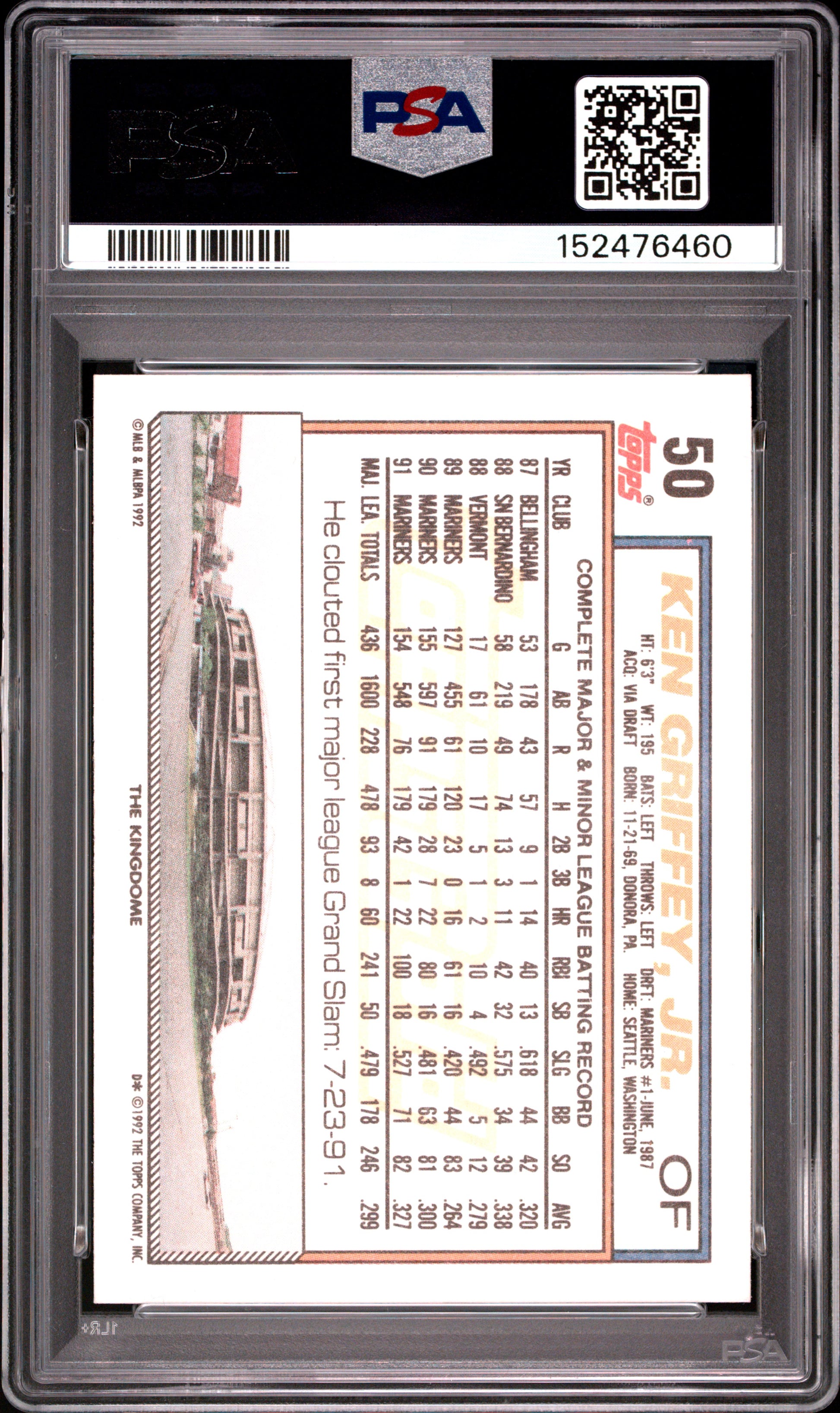 1992 TOPPS GOLD KEN GRIFFEY JR. #50 PSA 9 - Back