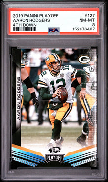 2019 PANINI PLAYOFF AARON RODGERS 4TH DOWN #127 PSA 8 - Front