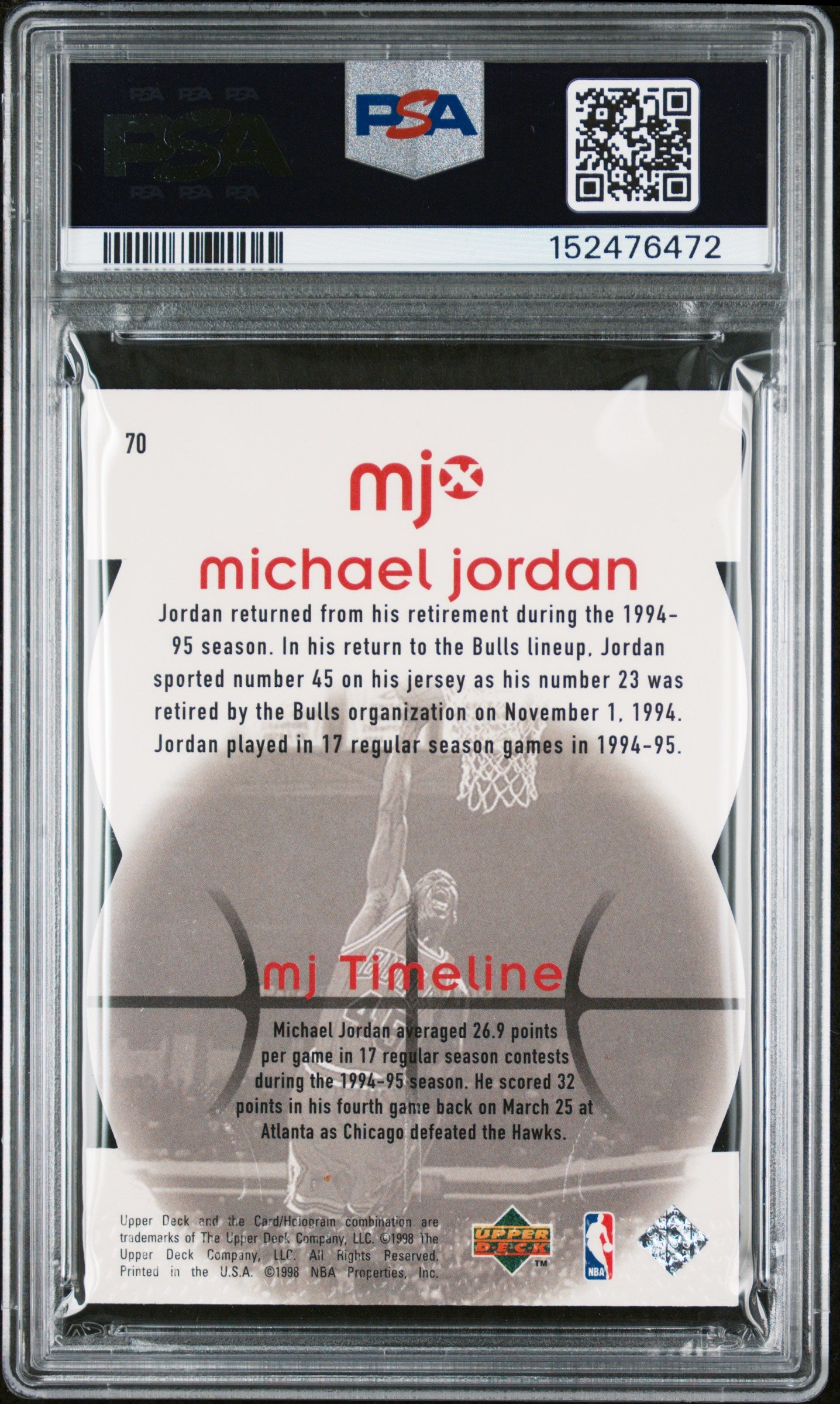 1998 UPPER DECK MJx MICHAEL JORDAN TIMEPIECES RED #70 PSA 9 - Back