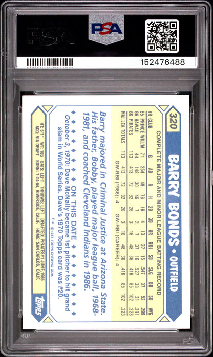 1987 TOPPS TIFFANY BARRY BONDS #320 PSA 7 - Back