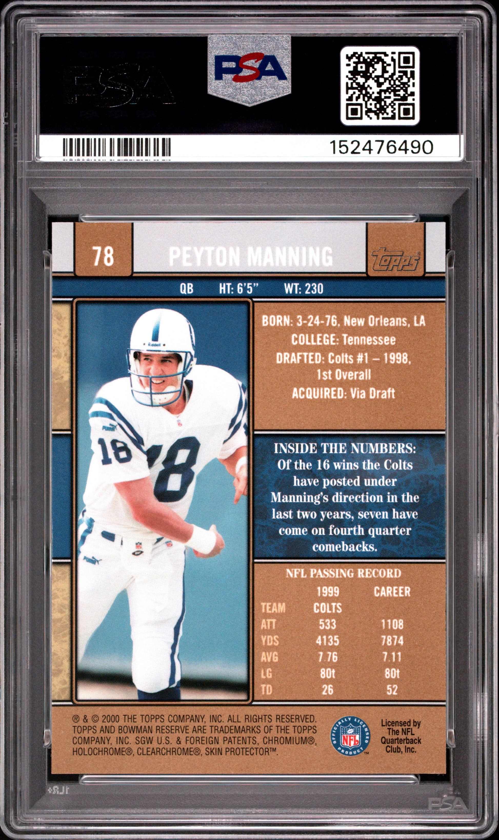 2000 BOWMAN RESERVE PEYTON MANNING #78 PSA 9 - Back