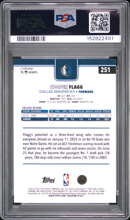 2025 TOPPS CHROME COOPER FLAGG RED WHITE AND BLUE REF #251 PSA 9 - Back