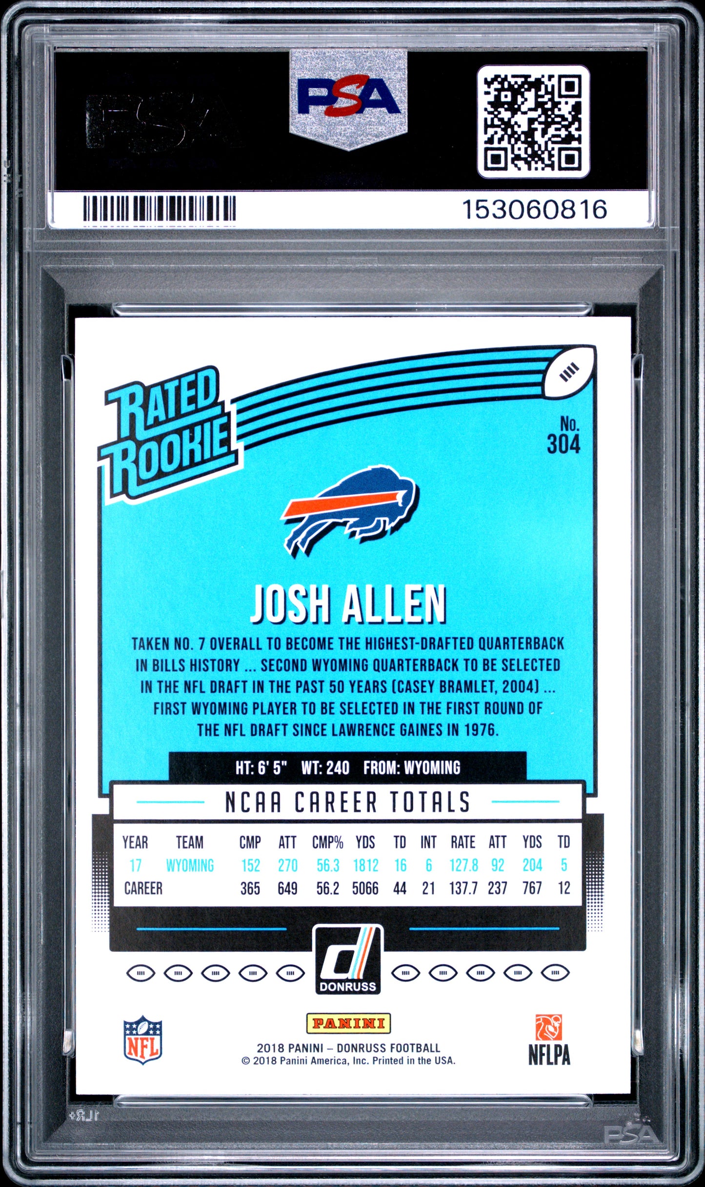 2018 PANINI DONRUSS JOSH ALLEN #304 PSA 9 - Back