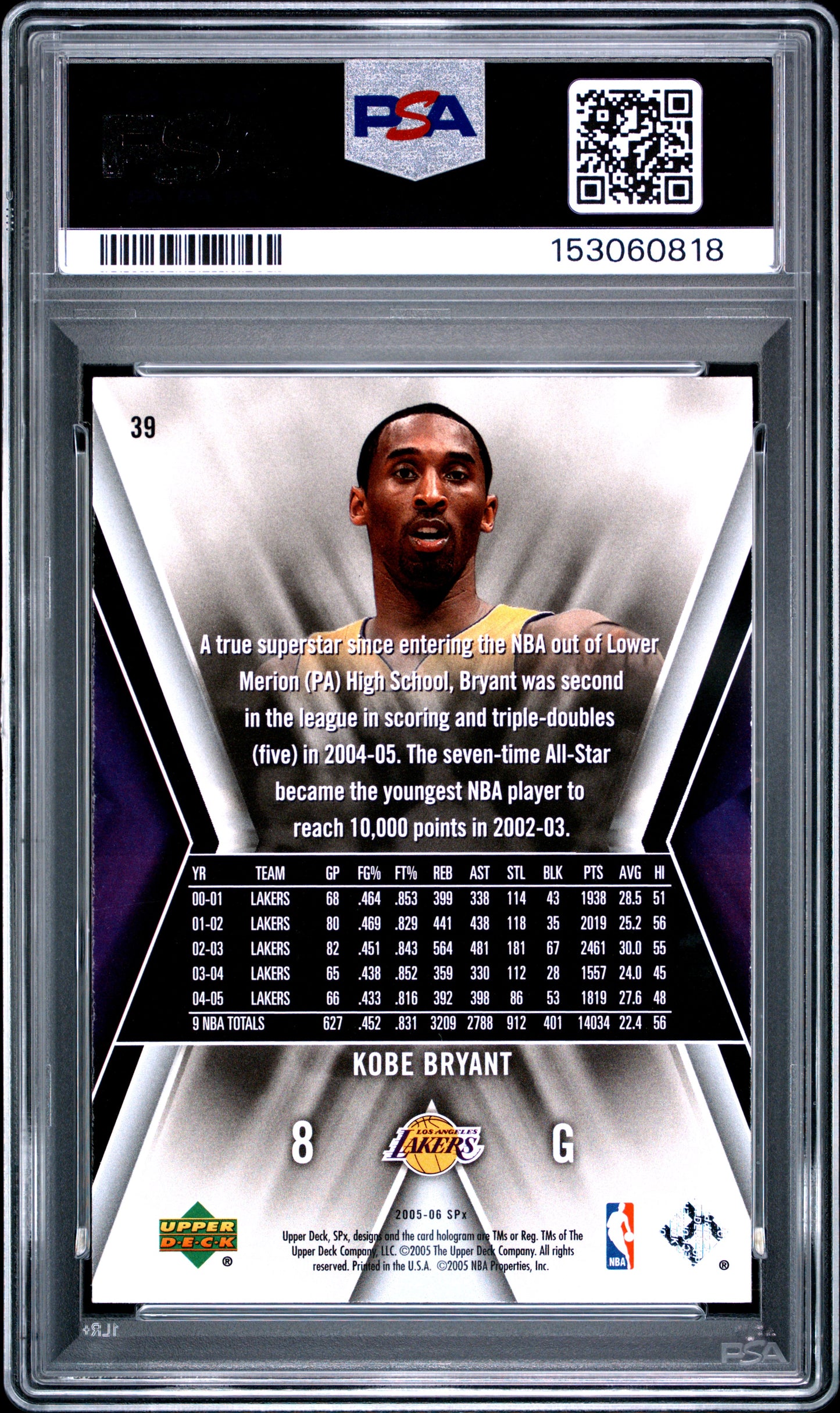 2005 SPx KOBE BRYANT #39 PSA 8 - Back