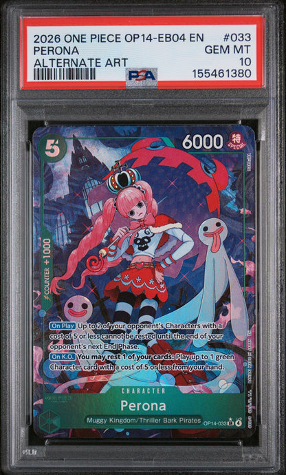 2026 ONE PIECE OP14-EB04-THE AZURE SEA'S SEVEN PERONA ALTERNATE ART #033 PSA 10 - Front