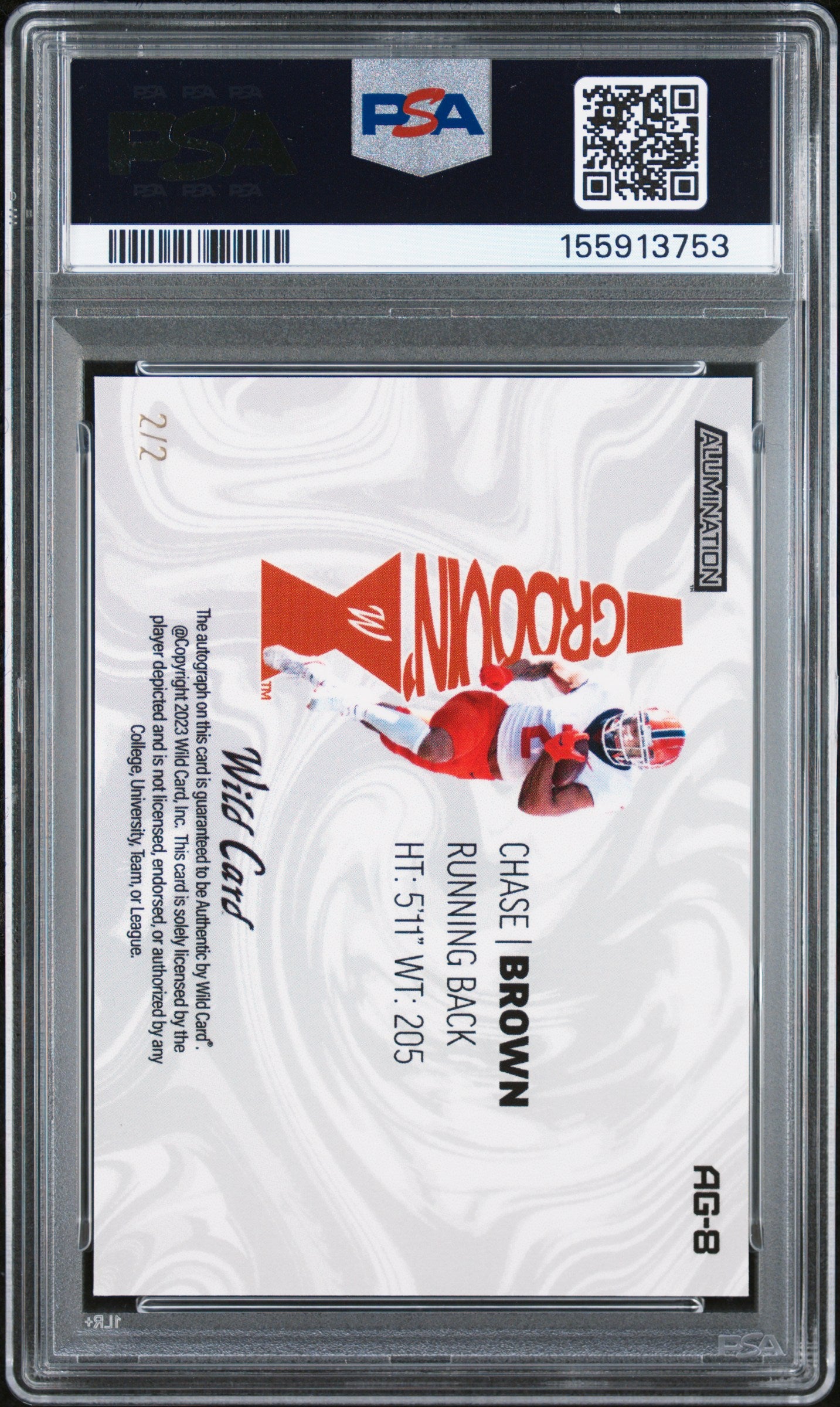 2023 WILD CARD ALUMINATION DRAFT GROOVIN' AUTOGRAPHS CHASE BROWN GROOVIN' AU-KLDSCP-RED #AG8 PSA 10 - Back