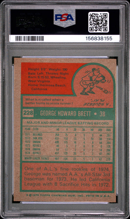 1975 TOPPS GEORGE BRETT #228 PSA 2 - Back