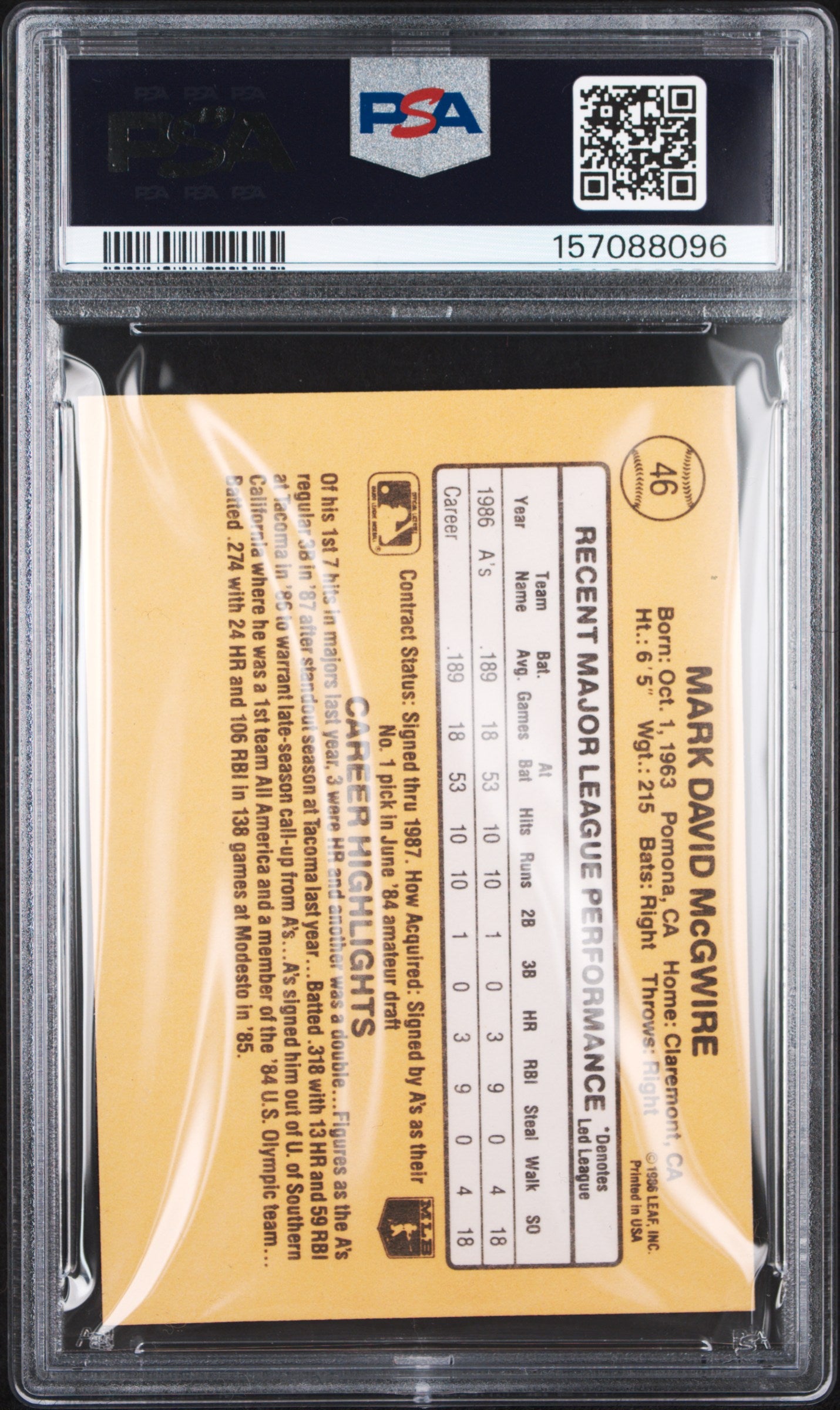 1987 DONRUSS MARK McGWIRE #46 PSA AUTHENTIC/AUTH - Back