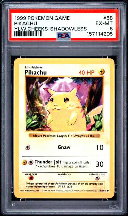 1999 POKEMON GAME PIKACHU YLW.CHEEKS-SHADOWLESS #58 PSA 6 - Front