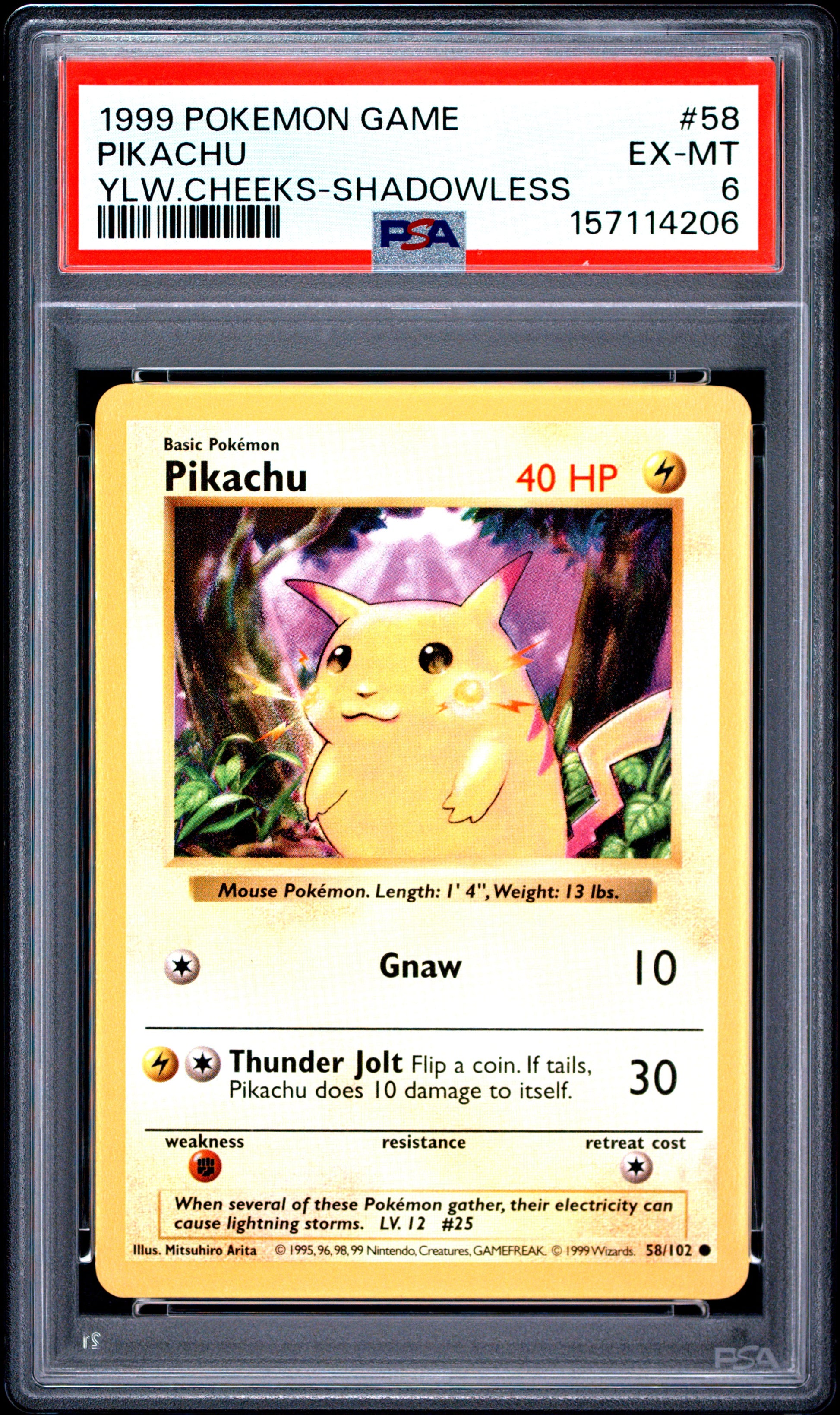 1999 POKEMON GAME PIKACHU YLW.CHEEKS-SHADOWLESS #58 PSA 6 - Front