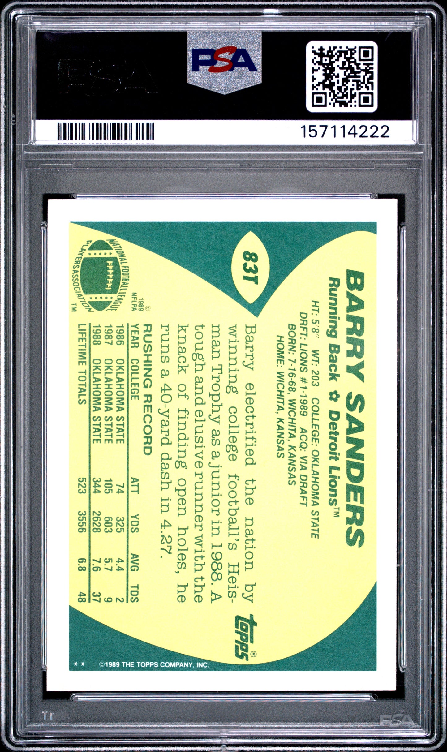 1989 TOPPS TRADED BARRY SANDERS #83T PSA 9 - Back