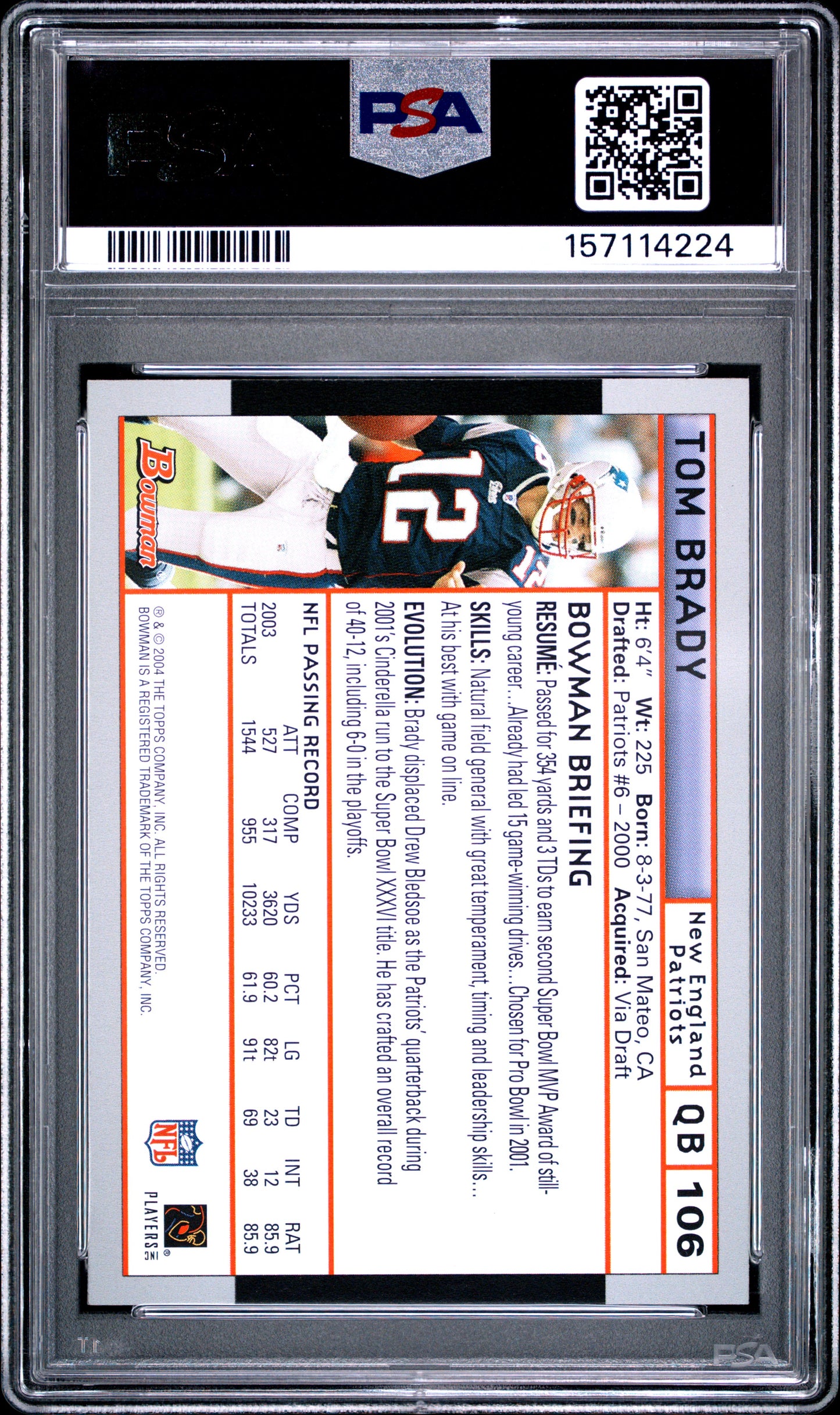 2004 BOWMAN TOM BRADY #106 PSA 9 - Back