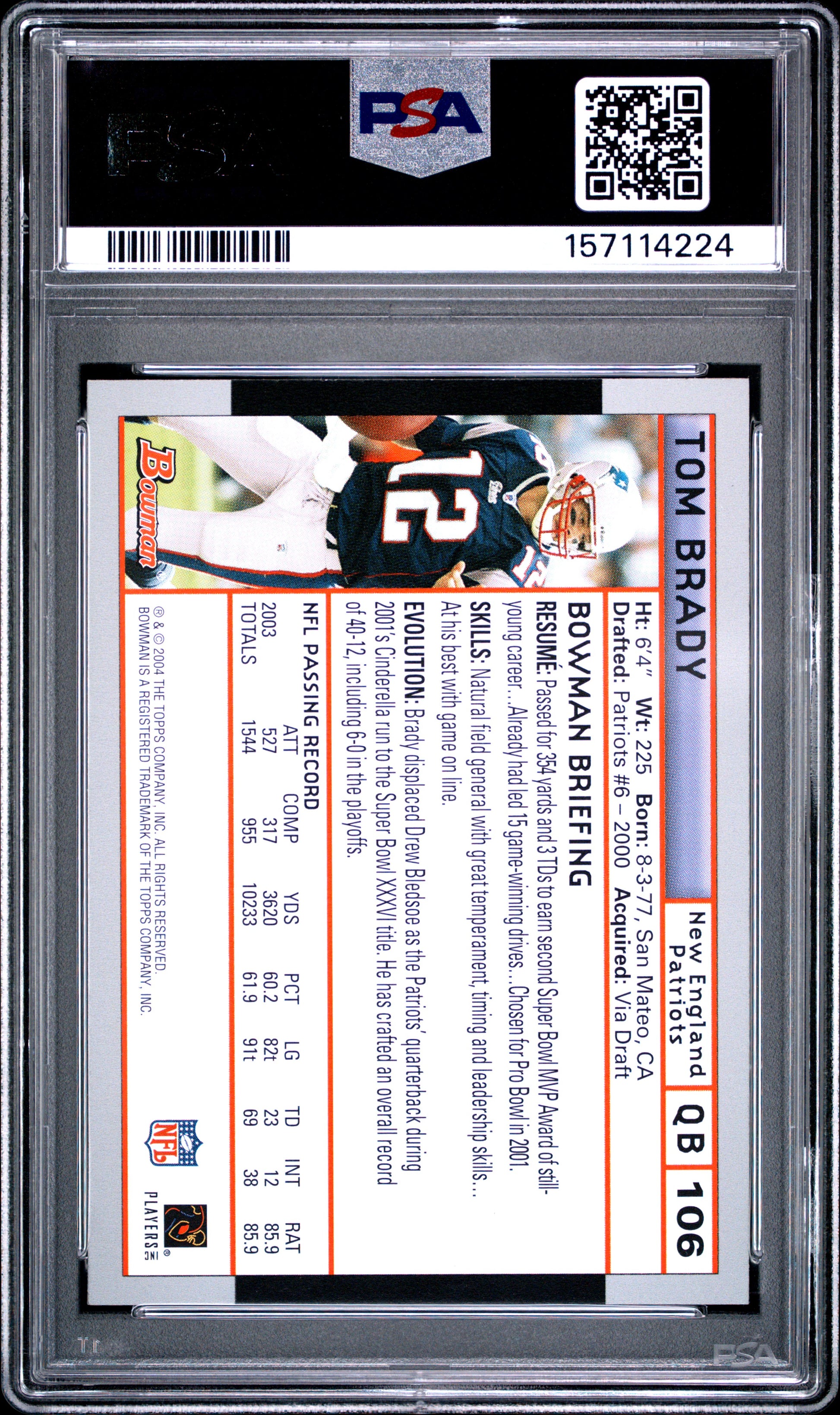 2004 BOWMAN TOM BRADY #106 PSA 9 - Back