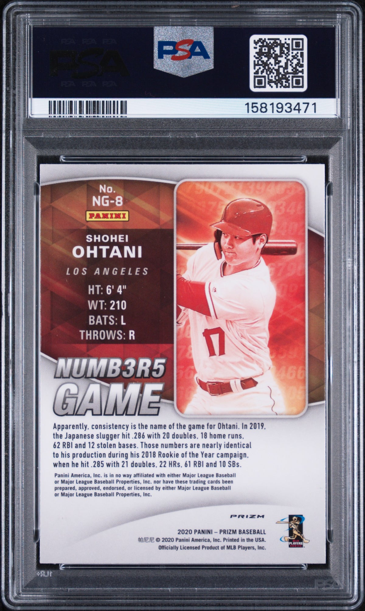 2020 PANINI PRIZM NUMBERS GAME SHOHEI OHTANI NUMBERS GAME-GREEN PRIZM #NG8 PSA 10 - Back